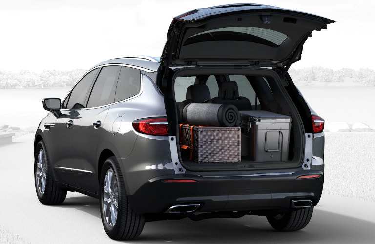 2019 Buick Enclave exterior rear view with the liftgate up showing cargo inside